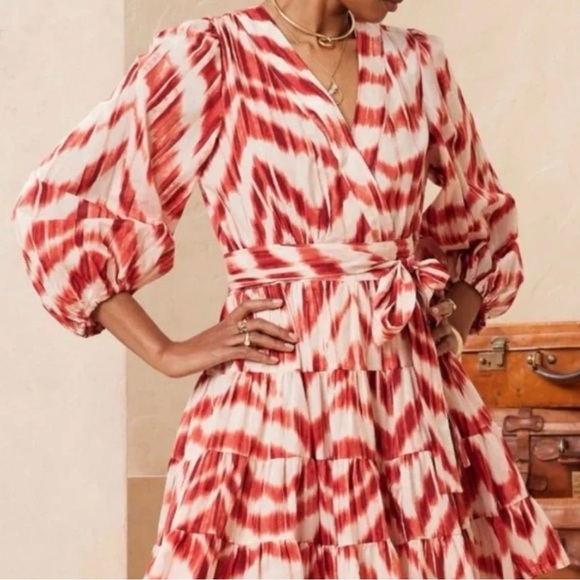 Banana Republic Tiered 3/4 Sleeve Mini Dress Womens Large  In Dune Red - Picture 1 of 3